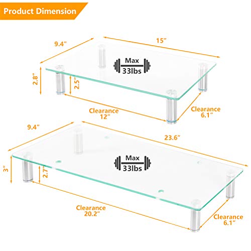 5Rcom 2 or 1 Tier Computer Monitor Stand Clear Tempered Glass Laptop Riser,Multi Desktop Shelf Organizers with Height Adjustable Legs for Flat Screen LCD LED TV, Laptop