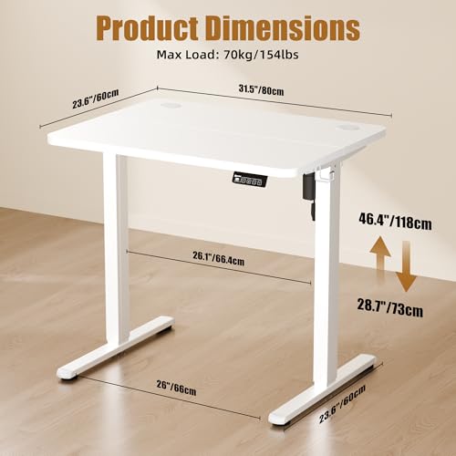 ERGOMAKER Electric Height Adjustable Standing Desk 80x60cm, Sit Stand Desk with Splicing Top for Home Office (White Frame + White Desktop) | Electric Adjustable Standing Desk, Sit to Stand Computer Office Desk with Splice Board, Memory Preset, Lifts 28.7''-46.5"