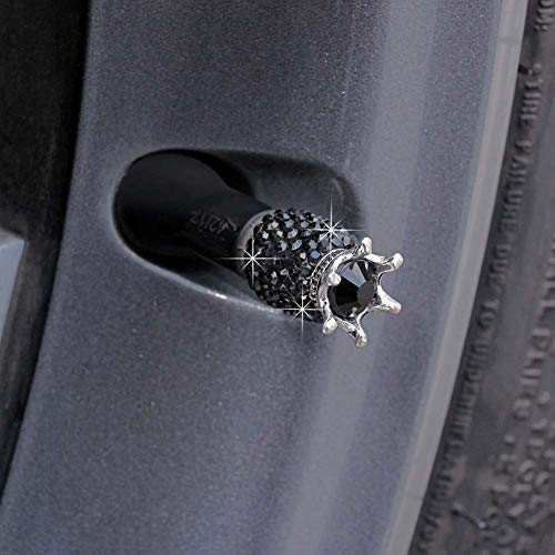 Valve Stem Caps, 4 Pack Handmade Crystal Rhinestone Universal Car Tire Valve Caps Chrome,Attractive Dustproof Bling Car Accessories - Black Diamond Crown