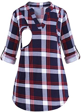 PrettyLife Nursing Tops Long Sleeve Plaid Breastfeeding Blouse Shirt with Side Pockets Notch Neck