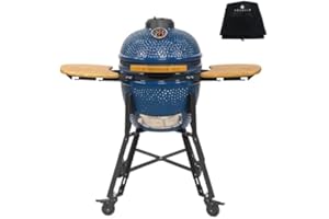 VESSILS Ceramic Charcoal Kamado Grill - BBQ Smoker with Grill Cover, Cart and Folding Tables – 16" Stainless Steel Grid - Egg Shaped Ceramic Outdoor Charcoal Barbecue Grill for Smoking and Grilling