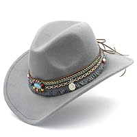 Elee Women Men Wool Blend Western Cowboy Hat Cowgirl Caps Bohemia Tassel Ribbon (Gray)