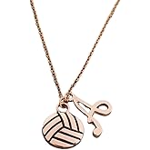 Volleyball Necklace, Personalized Rose Gold Volleyball Charm Pendant with Letter Charm for Women and Custom Volleyball Player Gift