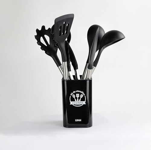 LUMAI Kit 8 Utensílios de Cozinha Grandes em Silicone Preto e Aço Inox, Resistentes ao Calor, Design Antiderrapantes e Antirriscos, Acessórios de Cozinha Espátula, Colher, Pegador, Concha e Balde