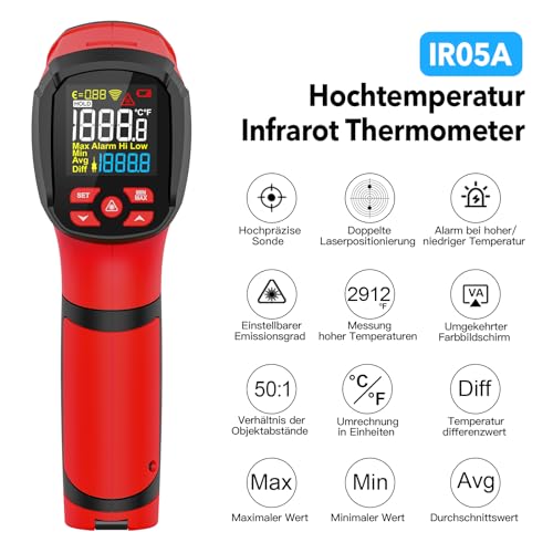 Infrarot Thermometer MESTEK Hochtemperatur Digital Laser Temperaturmessgerät -40°C bis 1600℃ mit K-Sonde IR Pyrometer Berührungslos LCD Alarm Einstellbarer Emissionsgrad für Kochen Industrial HVAC thumbnail 2