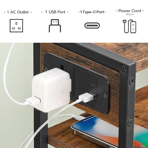 HOOBRO Narrow Side Table with Charging Station, Skinny Nightstand with USB Ports and Outlets, Slim Sofa End Table, Industrial Bedside Table with Storage Shelf, Rustic Brown and Black EBF102KBZ01