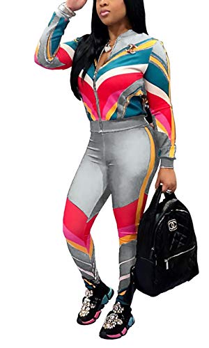 Women's Floral Print 2 Piece Set Open Front Zipper Jacket and Skinny Long Pants Plus Size Tracksuit