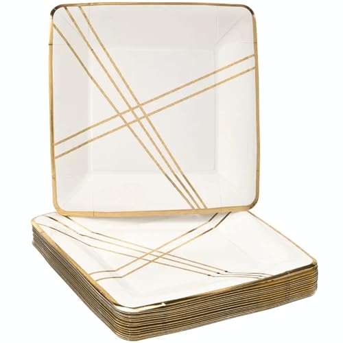 Silver Spoons Deco Collection White with Gold Square Disposable Paper Dinner Pl…