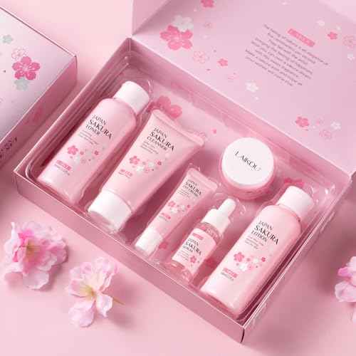 LAIKOU Sakura Skincare Set - 6 PCS Hydrating and Revitalizing Skincare Gift Set for Women, Teens, Moms & Daughters - Deep Cleansing, Anti-Aging, Nourishing, Even Skin Tone Treatment