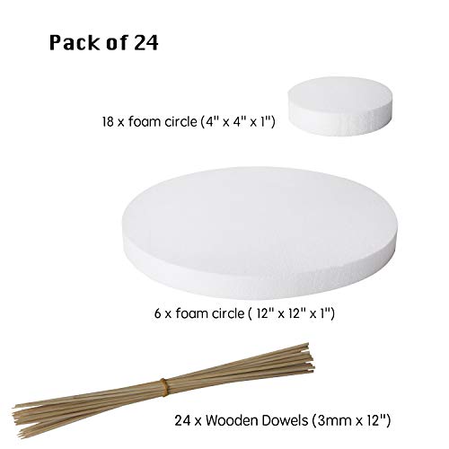 24 Foam Circles -Craft Foam Circles- Styrofoam Discs -Craft Foam for Art and Craft- Floral Foam - Foam Disks- DIY Crafts for Home, School- 2 Size 12'' x 12'' x 1'' & 4'' x 4'' x 1'' Inch (Pack of 24)