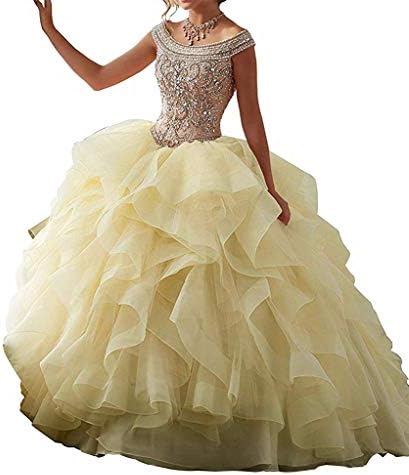 onlinedress Quinceanera Dress Beaded Ball Gown Boat Neck Crystal Ruffles Prom Princess Dress