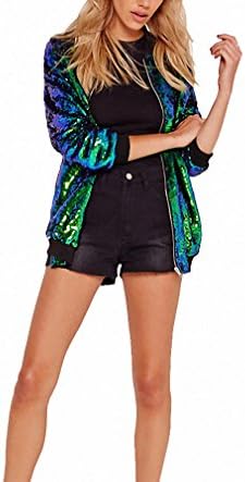 Autumn Women Sequin Coat Green Bomber Jacket Long Sleeve Zipper Streetwear Jacket Preppy Loose Casual Basic Coat