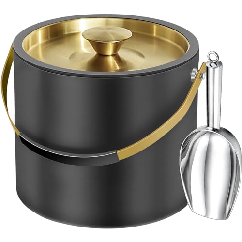 3.2L/3.4QT Modern Insulated Ice Bucket with Silicone Lid, Scoop, Strainer, Double Wall Stainless Steel Ice Bucket for Parties & Cocktail Bar,Ideal for Gift(Black)