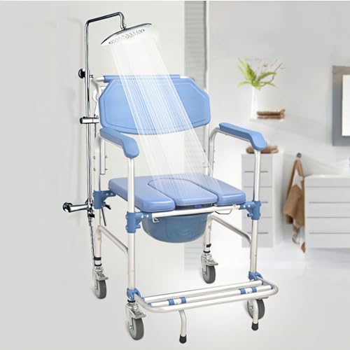 ybaymy 4-in-1 Wheeled Shower Chair, Bathroom Shower Chair with Wheels for Elderly, Waterproof Wheeled Commode Toilet Chair with Removable Bucket, Bedside Commode Chair on Wheels for the Disabled