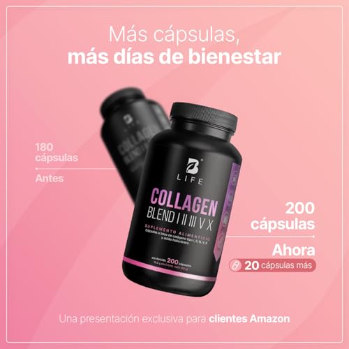Colágeno Hidrolizado Tipo I, II, III, V y X | 200 Cápsulas 1000 mg por porción | Adicionado con Vitamina C y Ácido Hialurónico. Collagen Blend I, II, III, V X. B Life