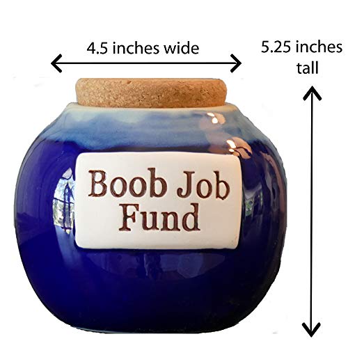 Tumbleweed Cottage Creek - Jars - Boob Job Fund - Blue Round Ceramic Jar with Cork Lid - Gifts for Women - Funny Gifts - Piggy Bank for Women