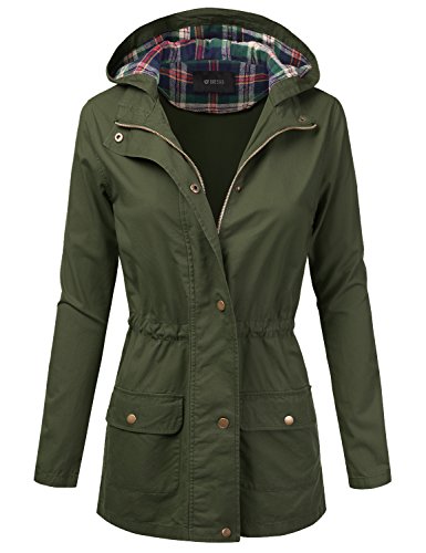 DRESSIS Women's Woven Plaid Hooded Drawstring Waist Cotton Utility Jacket Olive S - Thumbnail 4