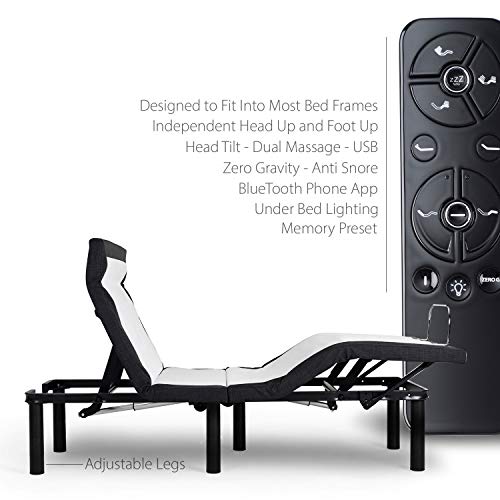 Adjustable Bed Frame with Head Tilt, Massage, Anti-Snore, Zero Gravity, Dual USB Charging Station, Under Bed Nightlight, Wireless Remote Head and Foot Incline (Twin XL)