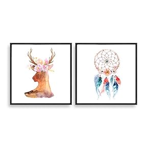 2 Piece Framed Canvas Home Artwork Decoration Feather and Deer Canvas Wall Art for Living Room, Bedroom - 16"x16"x2 Panels