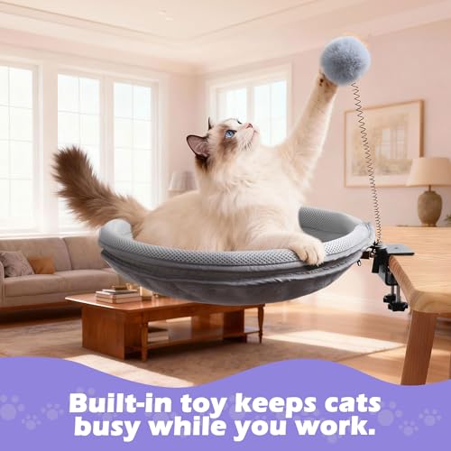 RASSR Cat Desk Bed with Teaser Wand, Under Desk Cats Bed Platform with Sturdy Clamp, Space-Saving Cat Perch Mounts Underneath Desk for Large Cats,For Gift,Present(grey)
