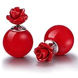 Stud Earrings Rose Flower Mother Of Pearl Double Sided 925 Sterling Silver Chinese Red Style By SUYAN (Glossy)