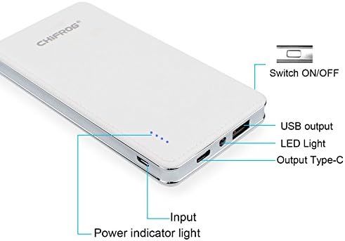 Chifrog 10000mAh Power Bank with Qualcomm QC 3.0, USB-C Type C 5V 2.1A/USB-A 12V 1.5A Output, High Capacity Dual Port Portable Charger Flashlight for mobile devices QC-100, White