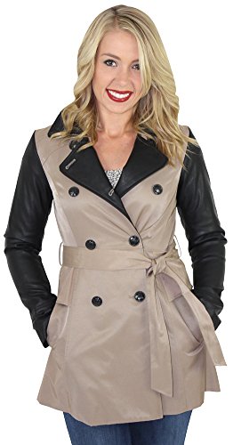 Jessica Simpson Faux Leather Sleeve Trench Coat Jacket Beige Size L