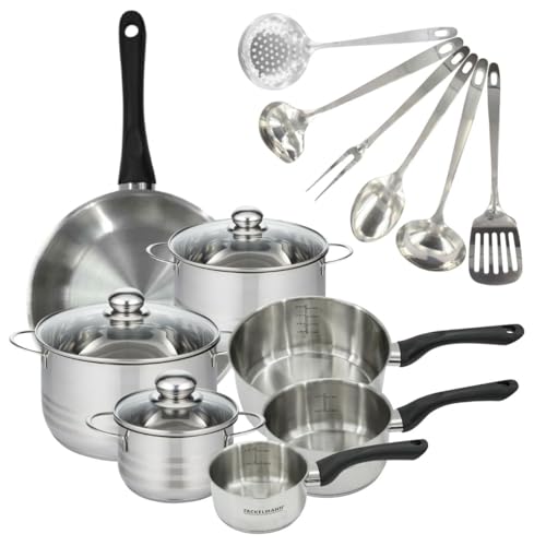 Fackelmann 9359750 1 poêle 28 cm 3 casseroles 12 16 20 cm inox 18/8, 3 faitouts inox 16 20 24 cm, 6 ustensiles, Poêle tous feux, Poêle induction, sans PFAS, Inox, Verre, 12 16 20 24 28 cm