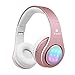 Bluetooth Headphones Over Ear, Ifecco Light Up Foldable Bluetooth Stereo Headphone Over Ear with 3.5mm Audio Cable and Mic Support FM Radio and TF Card Compatible with Bluetooth Devices (Rose Gold)
