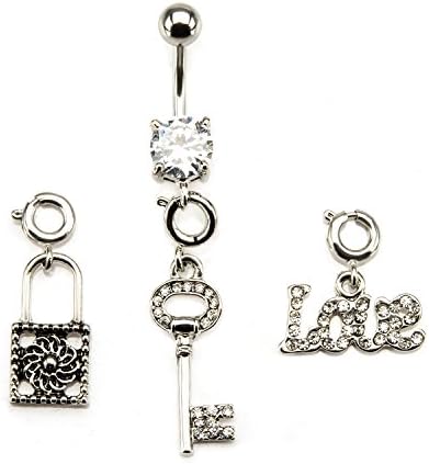 Christmas Holiday Gifts Jewelry-14g 7/16 Navel w/ Lock, Key &amp; Love in Gem changeable Charms