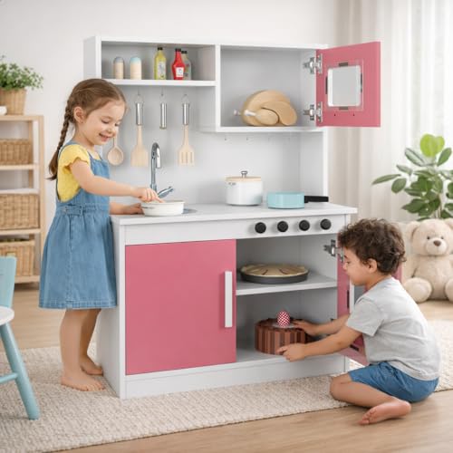 Cozinha Infantil Encanto Completa Nicho Forno Micro-Ondas Ganchos Porta Utensílios Torneira Metálica Pia Fogão Cooktop Armário Criança Menina Menino - RP Online (Branco/Rosa)