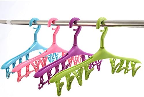 Clothes Hanger Laundry Drying Rack With 8 Clips For Socks, Baby Clothes, Cloth Diapers, Bra, Towel, Underwear, Scraf, Hat, Gloves 4 Plastic Hangers PH8C (Purple+Rouge+Chartreuse+Cerulean, 4)