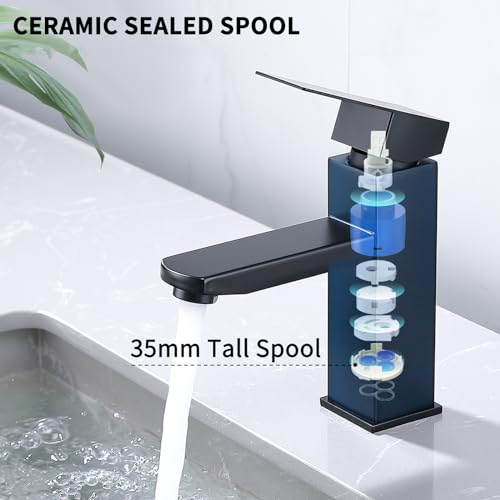 HOMELODY Bathroom Tap, Black, Washbasin Tap, Basin, Square Bathroom Mixer Tap, Stainless Steel, Single Lever Mixer Tap