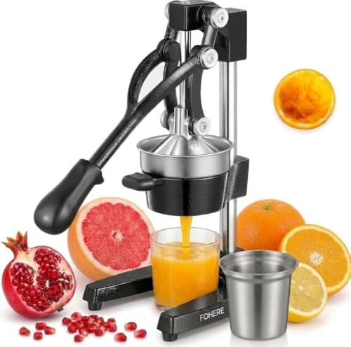 FOHERE Lemon Squeezer Juicer, Cast Iron Juicer Manual Citrus Lemon Juice Press, Hand Press Juicer for Grapefruit Pomegranate, Orange, Lemonade, Commercial Manual Citrus Juicer, Easy to Clean (Black)