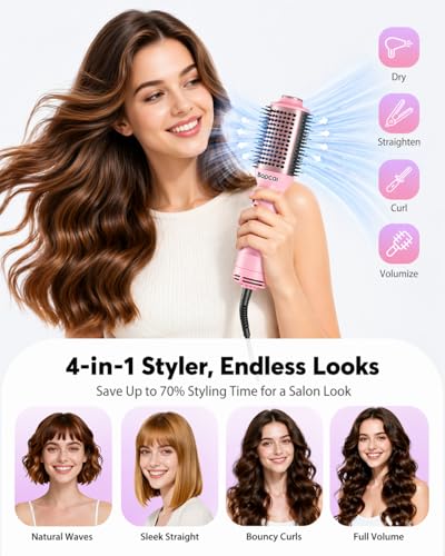 Travel Blow Dryer Brush in one, Dual Voltage 120V-240V Mini Hair Dryer Brush, Portable 2-Inch Hot Air Brush, 4-in-1 Dry, Volumize, Curl & Straighten Styler with EU&UK Plug