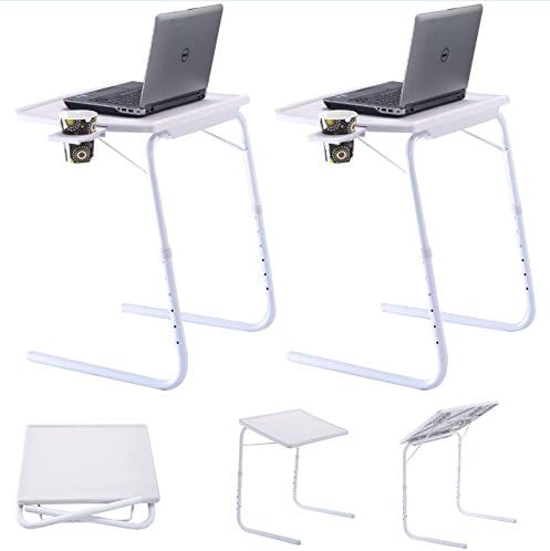 Quality Tables - Table Adjustable for PC TV - Set of 2 Laptop Desk Tray Home Office - With Side Cup Holder - White Table Mate