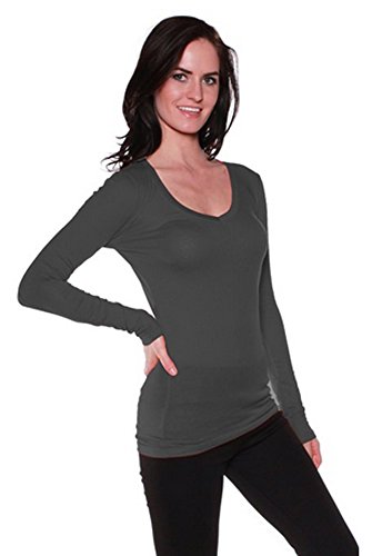 ACTIVE BASIC Women's Plain Basic Cotton Blend Deep V Neck T Shirt with Long Sleeves,Large,Charcol