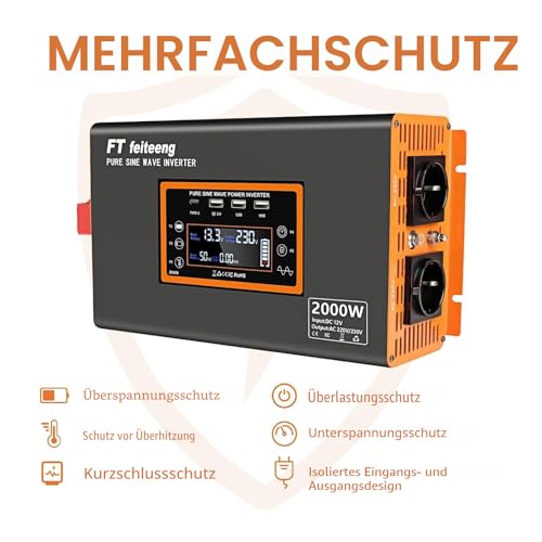 2000 W / 4000 W Inverter 12 V to 230 V Pure Sine Wave EU Sockets 30 W USB-C LCD Remote Control Voltage Converter for Caravan Truck Solar