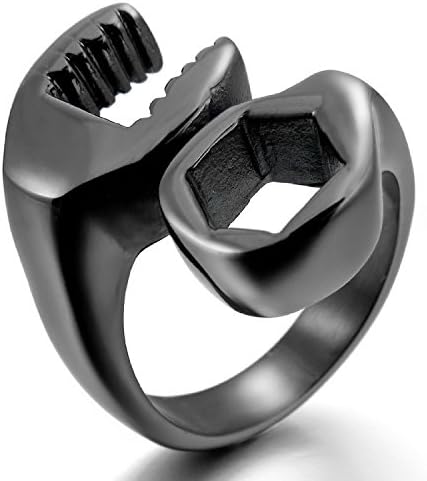 Fayumei TM Men's Stainless Steel Ring Black Spanner Mechanic Wrench Tool Polished Ring US Size 10 Clistmas Gifts Jewelry with Gift Box