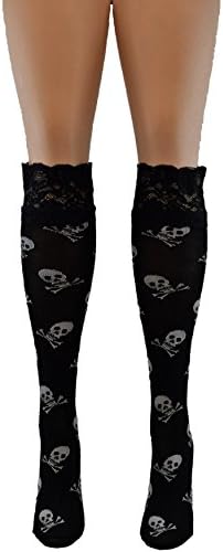 Vanea Women's Edgy Skulls Knitted Knee High With Rose Lace Top Sock Black