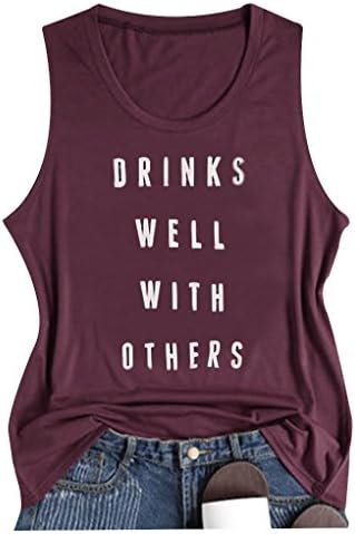 XCHQRTI Women Drinks Well with Others Tank Funny Letters Print Vest T-Shirt (L, Burgundy)
