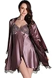 Awaye Satin Nightgown with Robe Solid Lace Silk Like 3/4 Sleeve Night Gown Two Piece Suit Short Slip Sleepwear Purple L