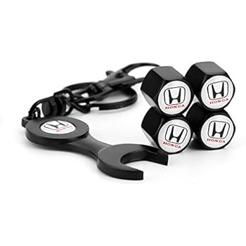 INCART Universal Stainless Steel (4pcs) Car Tire Valve Stem Air Caps Cover + (1pcs) Wrench Keychain for Honda Black