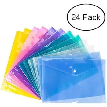 Bekith Clear Document Folder with snap Button,Premium Quality Poly Envelope, US Letter / A4 Size, Set of 24 in 6 Assorted Colors, Blue, Green, Orange, White, Purple, Pink