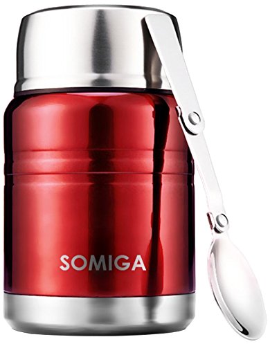SOMIGA Insulated Stainless Steel Food Jar with Folding Spoon,Bag-Vacuum Double Walled BPA Free,Unbreakable,Leak Proof, Hot and Cold Preservation 17 OZ Storage Container (Red)