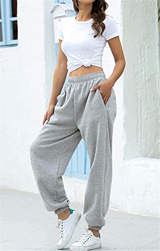 JIURI Womens Jogger Elastic Waist Sweatpants High Waist Active Athletic Yoga Running Sports Trousers with Pocket(GY,2XL)