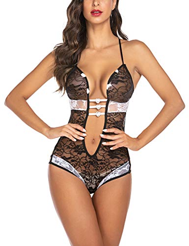 Avidlove Women‘s Lace Teddy Lingerie Bodysuit One Piece Babydoll Black