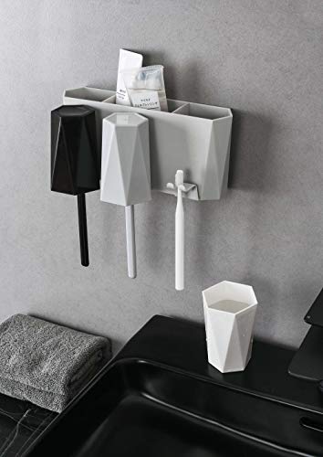 CY craft Toothbrush Holder Wall Mount,No Drilling Toothbrush Storage Set with 3 Cups, Plastic Bathroom Accessories Organizer and Electric Toothbrush/Toothpaste Stand,Black,White and Grey,Pack of 1