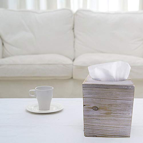 Hiyoo Square Tissue Box, Brown Cover Decorative Rustic Wood Cube Tissue Holder with Slide-Out Bottom Panel for Living Room Napkin Box Carton Paper Cube Box Office Bathroom Living Room (No Tissue)