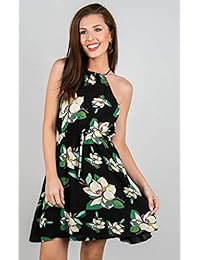 Angashion - Vestido de verano para mujer con cuello halter, floral, con cordón, cintura, patinador, mini vestido de algodón con bolsillos